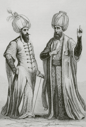 Ottoman Empire. Functionaries. Janissary Agha and Kadi Lechke. 1840 (Engraving)