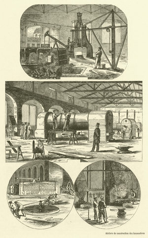 Ateliers de construction des locomotives du Great-Western Railway, a Swindon (engraving)