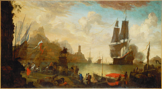 View of an Italian port (painting on canvas)