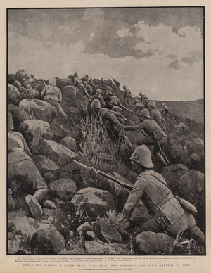 Canadians seizing a Kopje near Sunnyside, the Toronto Company's Baptism of Fire (litho)