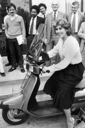 Edith Cresson, French Minister of Foreign Trade, on The New Peugeot Scooter on June 1St, 1983 Outside her Ministry (b/w photo)