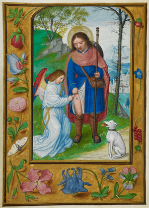 Memorials to the Saints. St Roche showing his wound to an angel, and a dog. Borders of trompe l'oeil decoration with flowers and a butterfly. Produced for Joanna of Ghistelles, Abbess of Messines, near Ypres