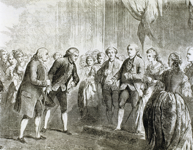 Franklin, Benjamin (1706-1790). Statesman and scientist. Franklin at Louis XVI and Marie Antoinette. Paris. 