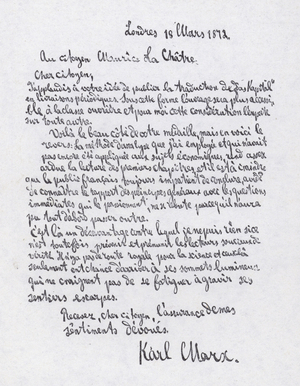 Letter from Karl Marx to his publisher in France, 1872 (litho)