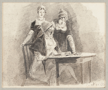 Three at a table, one sitting, 1807 (pencil & wash on paper)