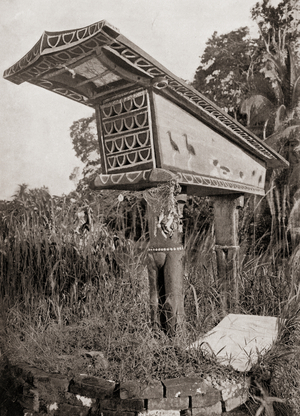 An elaborately decorated mortuary shrine on one of the Solomon Islands, Oceania.  After a 19th century photograph.  From Customs of The World, published c.1913.