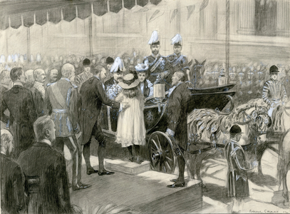 King Edward VII and Queen Alexandra - London County Council's Stand in Trafalgar Square, 24 October 1902 (w/c on paper)