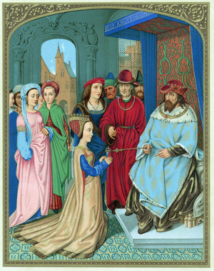 King Solomon welcoming the Queen of Sheba. Bible I Kings10: 2. 15th century (chromolithograph after miniature in Breviary of Cardinal Grimani attributed to Memling)