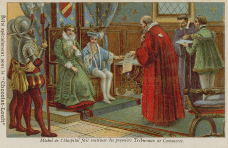 Michel de l'Hospital establishing the first commercial courts in France, 16th Century (chromolitho)