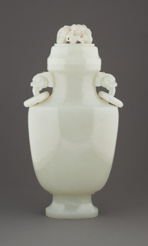 Vase with cover and ring handles on wooden stand, 1800s (white nephrite with wood stand)