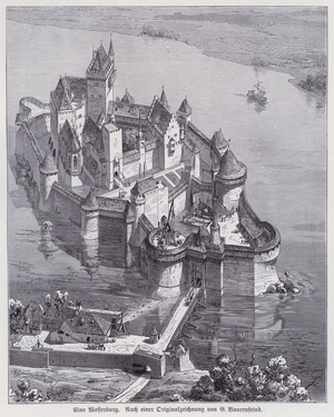 Medieval German castle on a lake (engraving)