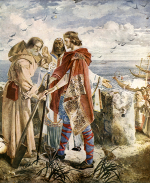 Egfrith offering the bishopric of Hexham to Cuthbert, 678 (colour litho)