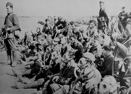 Photograph of Polish troops resting after a gas drill