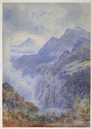 The Nilgiri Hills, Coonoor. A mountain scene with peaks in the clouds