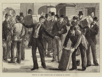 Arrival of Army Reserve Men at Barracks in London (engraving)