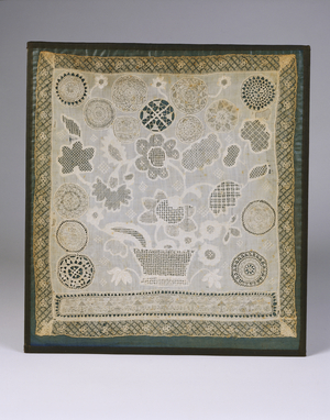 White-on-white Needlework Sampler in Carved Mahogany Frame, 1766 (linen, cotton & mahogany)
