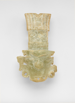 Ornament with mask and headdress, c.2500 - 2000 BC (jade, nephrite)