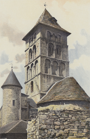 Livernon, Eglise, Clocher et Abside (colour photo)