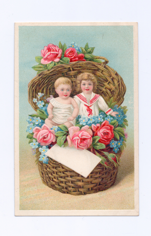 Edwardian postcard of two children sitting in a basket of flowers, c.1910 (colour litho)