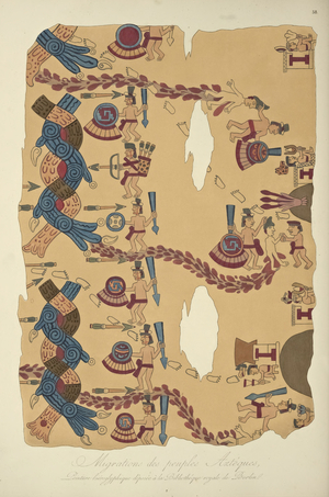 Migration of the Aztec Peoples, Hieroglyphic Painting Conserved at the Royal Library, Berlin, illustration from 'Vues des Cordillères et Monumens des Peuples Indigènes de l'Amérique' by Alexander von Humboldt and Aime Bonpland, 1813 (hand-coloured engraving)