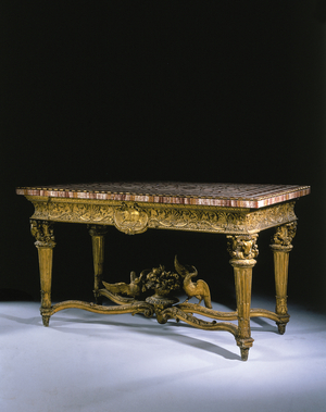 One of a pair of Roman giltwood side tables with ormolu-bordered mosaic tops, c.1773 (giltwood, mosaic & ormolu)