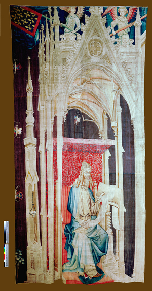 Apocalypse Tapestry, Cartons of the painter Hennequin de Bruges, atelier Nicolas Bataille. First piece. 4,37 x 2,25m, 1373-1380 (textile)