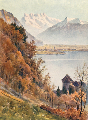 Chillon and Rhone Valley from Veytaux (colour litho)