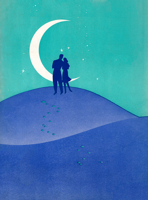 Couple Standing at the Top of a Hill Before a Crescent Moon, 1940 (colour litho)