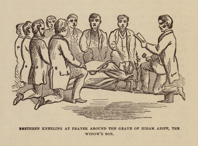 Brethren kneeling at prayers around the grace of Hiram Abiff, the widow's son (engraving)