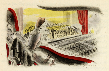Concert performance with orchestra playing, (drawing and watercolour)