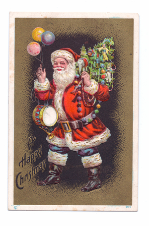 Edwardian Christmas postcard of Father Christmas carrying a Christmas tree and holding balloons, c.1910 (colour litho)