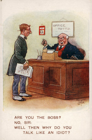 Boss and worker in the office (colour litho)