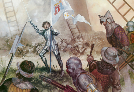 Joan of Arc inspired the French troops in their war against the English (colour litho)