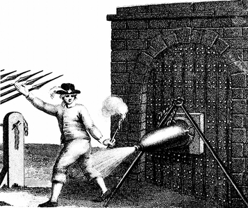 Normal method of applying a petard (explosive device) to the gate of a fortress. The fuse has just been lit and the Fusilier is retreating quickly in order not to be 'hoist with his own petard'. Stipple engraving c1800.