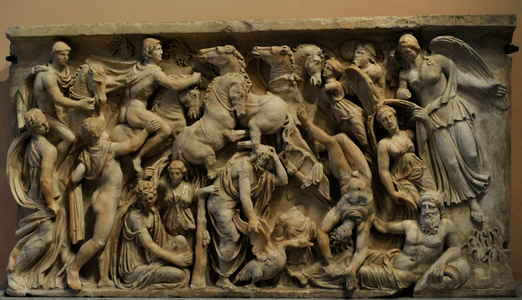 Roman art. Sarcophagus panel depicting the Fall of Phaeton.  2nd century AD. Marble.
