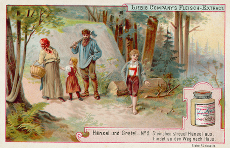 Hansel and Gretel: Hansel leaving a trail of pebbles to find the way home (chromolitho)