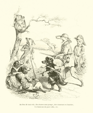 Au lieu de tout cela, des chasses sans pompe, des chasseurs en lunettes, les chasseurs du jour enfin, etc (engraving)