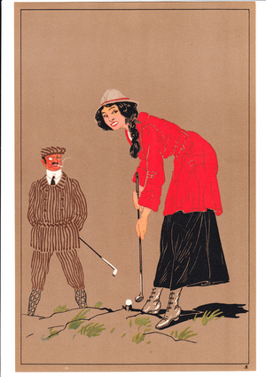 A print of two golfers in comic and humorous postures, c.1920 (colour litho)