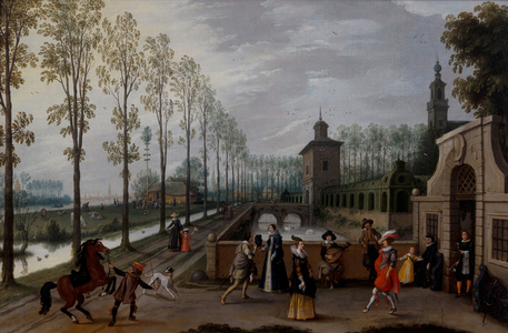 An elegant company promenading outside a palace, 16th-17th century (oil on canvas)