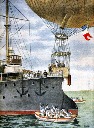 French balloonists flying between Toulon and Algeria stepping out of the basket (gondola) in the open sea onto the deck of a French naval vessel. From 'Le Petit Journal', 3 November 1901. Aviation Aeronautics