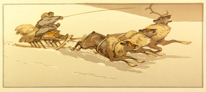 Riding the sledge with Reindeers, 1955 (colour litho)