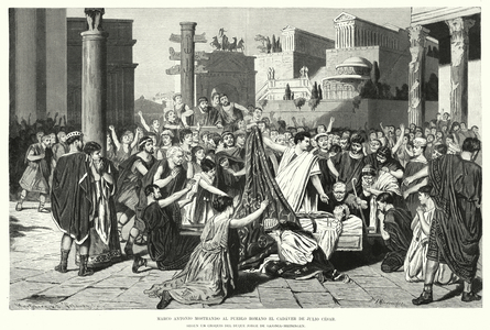 Mark Antony showing the Roman people the body of the murdered Julius Caesar, 44 BC (litho)
