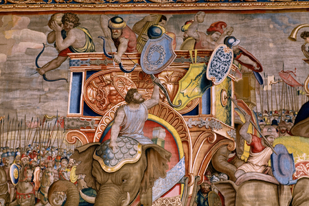 Flemish tapestry. Series The Acts of Scipio: The battle at Zama. Cartoonist Giulio Romano. Atelier of Balthasar van Vlierden (?), Brussels. 1523-1532. Detail.