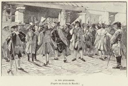 Anxious investors on the Rue Quincampoix, 1720. 1892 (engraving)