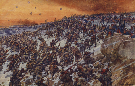 Storming of the quarries of Crouay (Soissons), France, World War I, 1915 (colour litho)