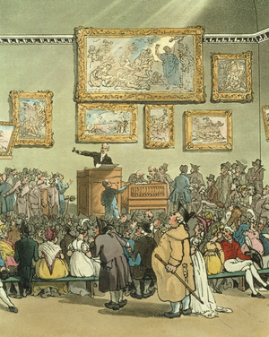 Christie's Auction Room, from 'Microcosm of London', 1808 (coloured aquatint)