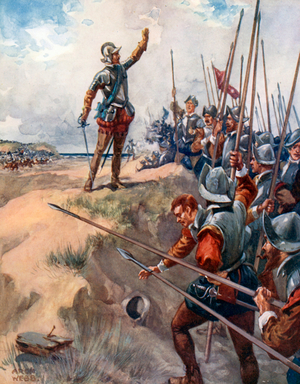 "'I'll be the Bravest Man in Fight,' Says Brave Lord Willoughby" (colour litho)
