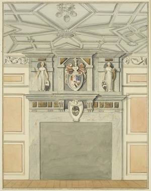 Interior with Chimneypiece of Sexton's House, Whitson Court (pencil & watercolour on paper)