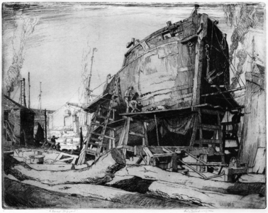 A Dorset Shipyard, 1920 (etching)