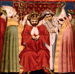 Coronation of French king Philip V Le Long january 9, 1317,illumination from "Grandes Chroniques de France", 14-15th century